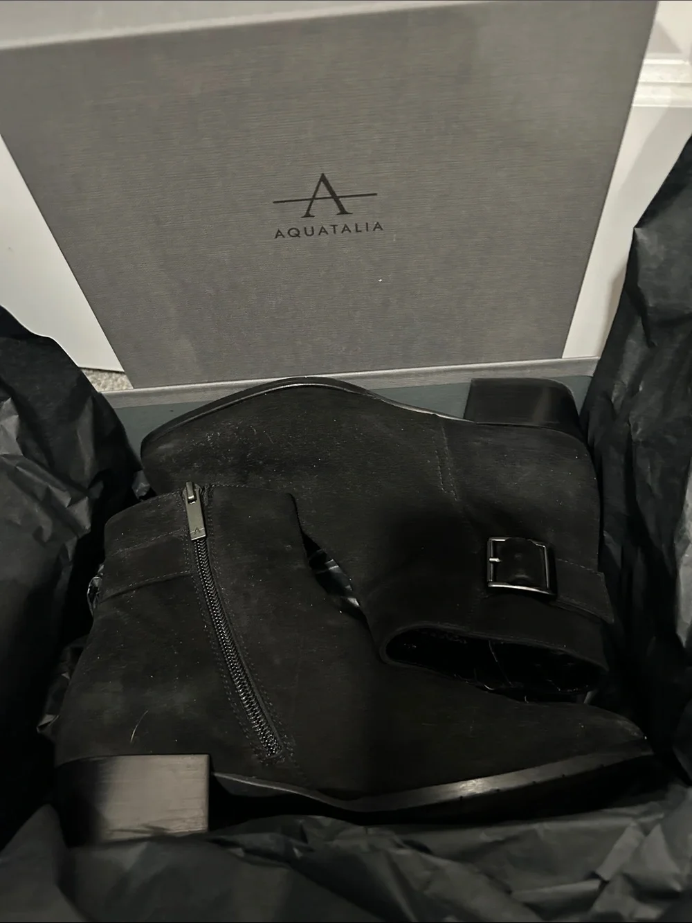 Aquatalia Weatherproof Women's Black Suede Ankle Boots with Buckle